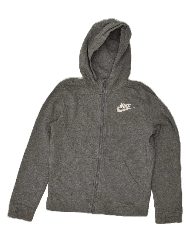 men's patterned sweaters -NIKE Boys Zip Hoodie Sweater 10-11 Years Medium Grey Cotton