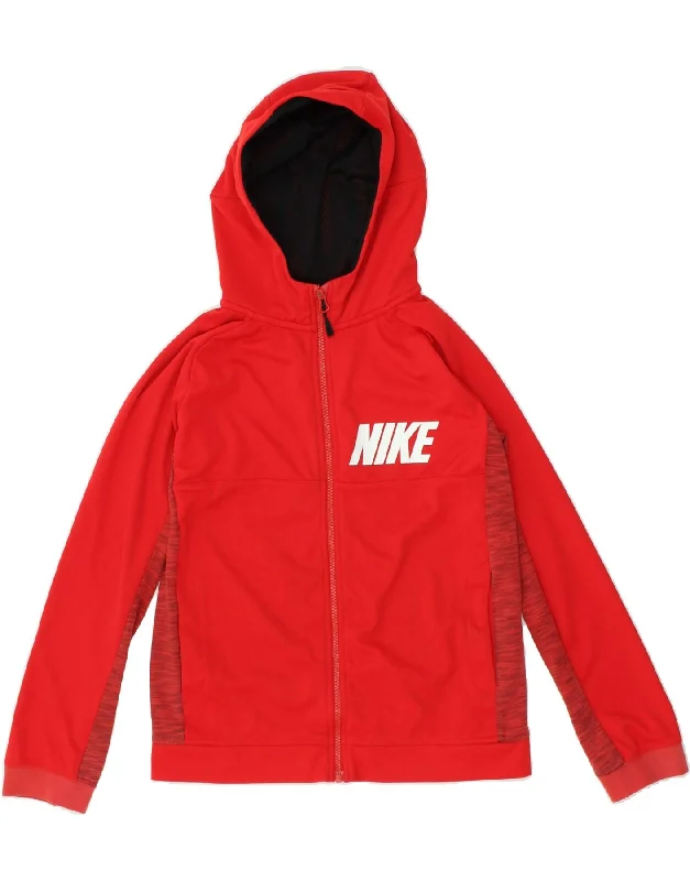 men's modern pullover sweaters -NIKE Boys Zip Hoodie Sweater 12-13 Years Large Red Colourblock Polyester