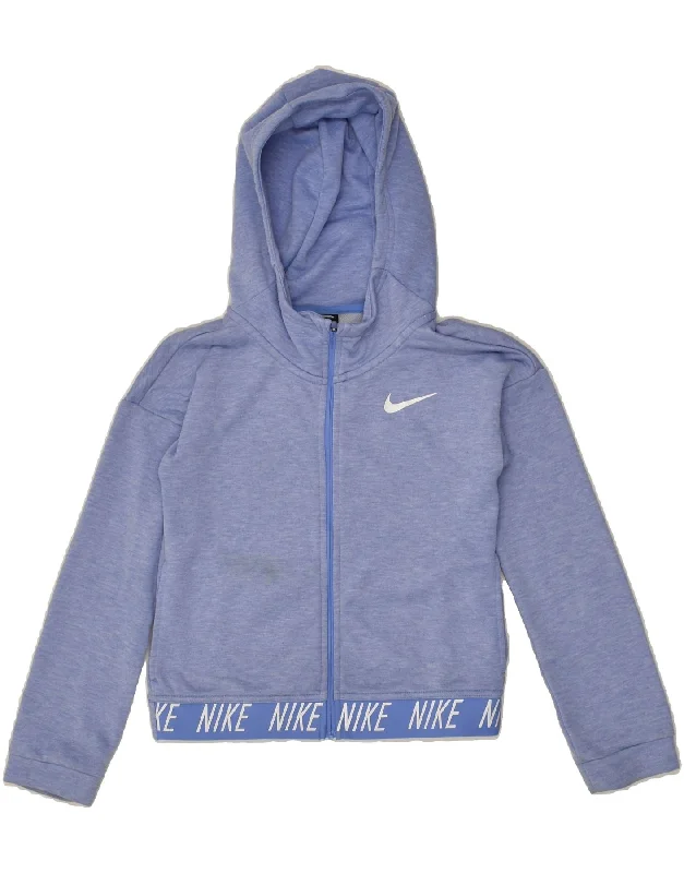 men's short-sleeve sweaters -NIKE Girls Dri Fit Graphic Zip Hoodie Sweater 10-11 Years Medium Blue