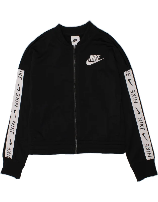 men's fleece jackets -NIKE Girls Graphic Tracksuit Top Jacket 10-11 Years Medium Black