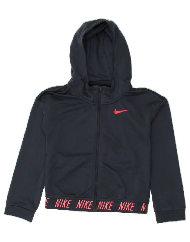 men's breathable cotton sweaters -NIKE Girls Graphic Zip Hoodie Sweater 10-11 Years Medium Navy Blue