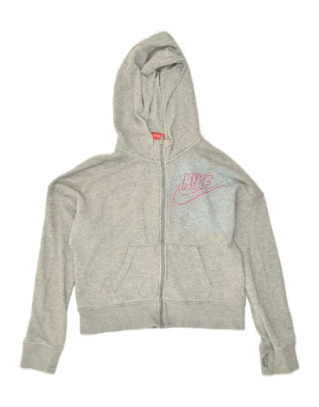 men's outdoor sweaters -NIKE Girls Graphic Zip Hoodie Sweater 12-13 Years Grey Cotton