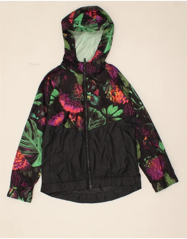 men's softshell jackets -NIKE Girls Hooded Rain Jacket 10-11 Years Medium  Black Floral Polyester