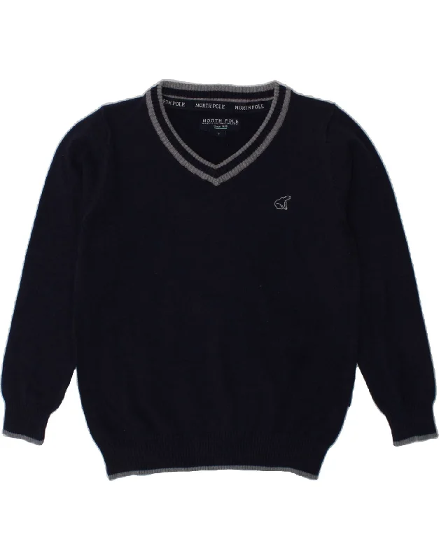 men's striped sweaters -NORTH POLE Boys V-Neck Jumper Sweater 6-7 Years Navy Blue Cotton