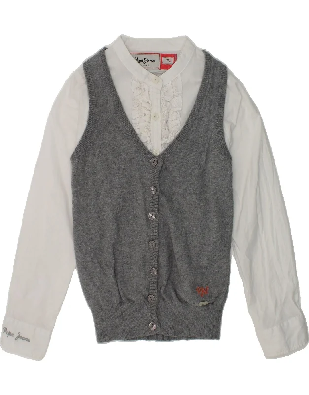 men's sweater for layering -PEPE JEANS Girls 2 In 1 Cardigan Sweater 7-8 Years Grey Colourblock Cotton