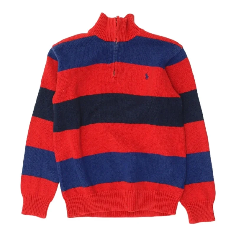 men's work jackets -Polo By Ralph Lauren Boys Red Blue Striped Cotton Knit Half Zip Jacket | Vintage