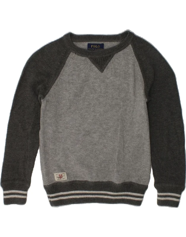 men's v-neck sweaters -POLO RALPH LAUREN Boys Boat Neck Jumper Sweater 3-4 Years Grey Colourblock