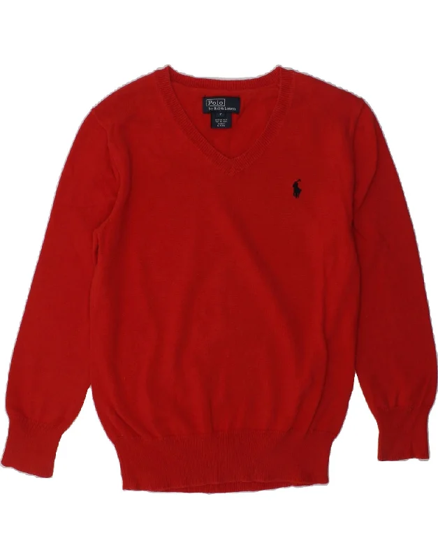 men's cardigan sweaters -POLO RALPH LAUREN Boys V-Neck Jumper Sweater 6-7 Years Red Cotton