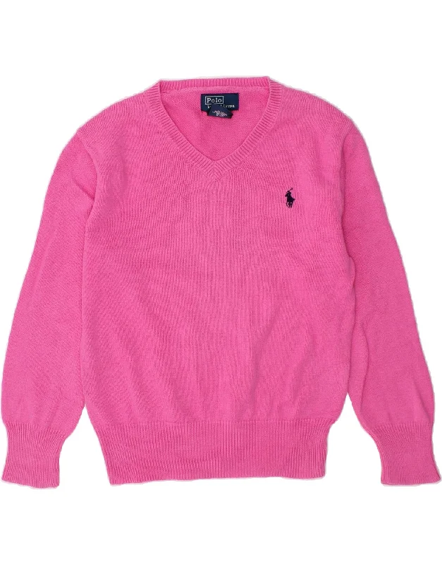 men's breathable cotton sweaters -POLO RALPH LAUREN Girls V-Neck Jumper Sweater 4-5 Years Pink Cotton