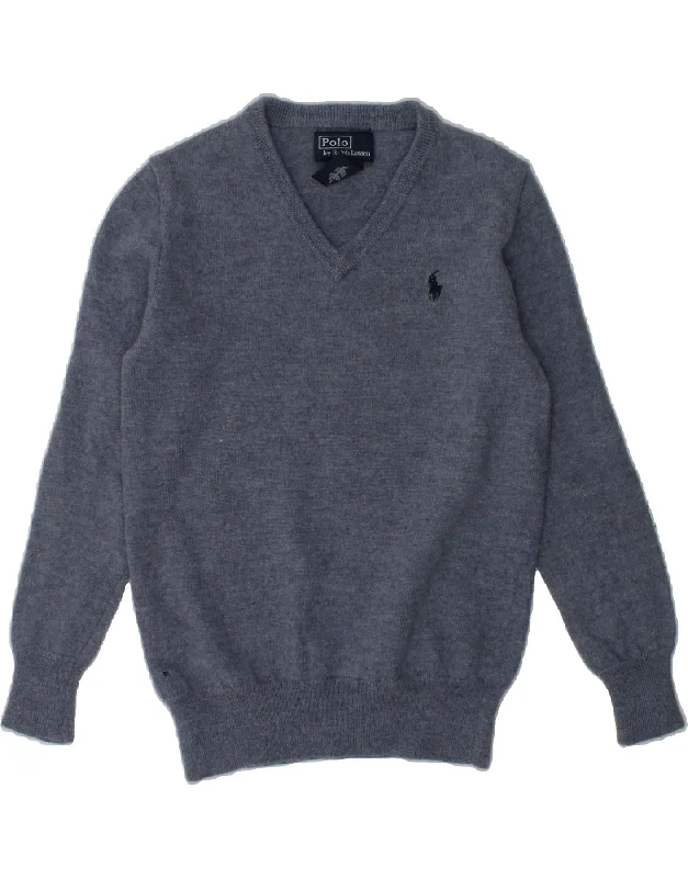 men's warm sweaters for winter -POLO RALPH LAUREN Girls V-Neck Jumper Sweater 6-7 Years Blue Merino Wool