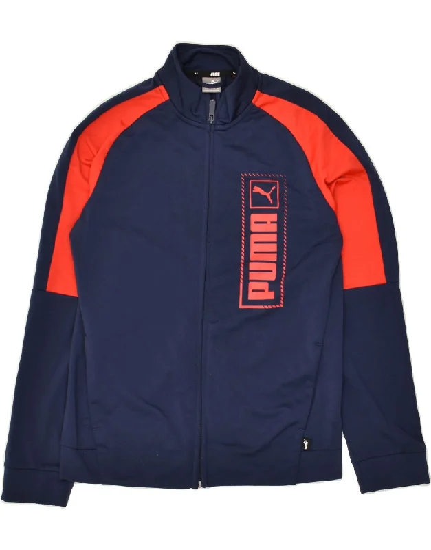 men's zip jackets for hiking -PUMA Boys Graphic Tracksuit Top Jacket 13-14 Years Navy Blue Colourblock