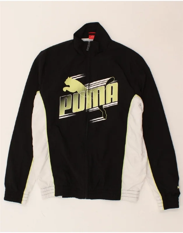 men's faux leather jackets -PUMA Boys Graphic Tracksuit Top Jacket 13-14 Years XL Black Colourblock