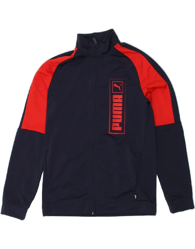 men's packable rain jackets -PUMA Boys Graphic Tracksuit Top Jacket 15-16 Years Navy Blue Colourblock