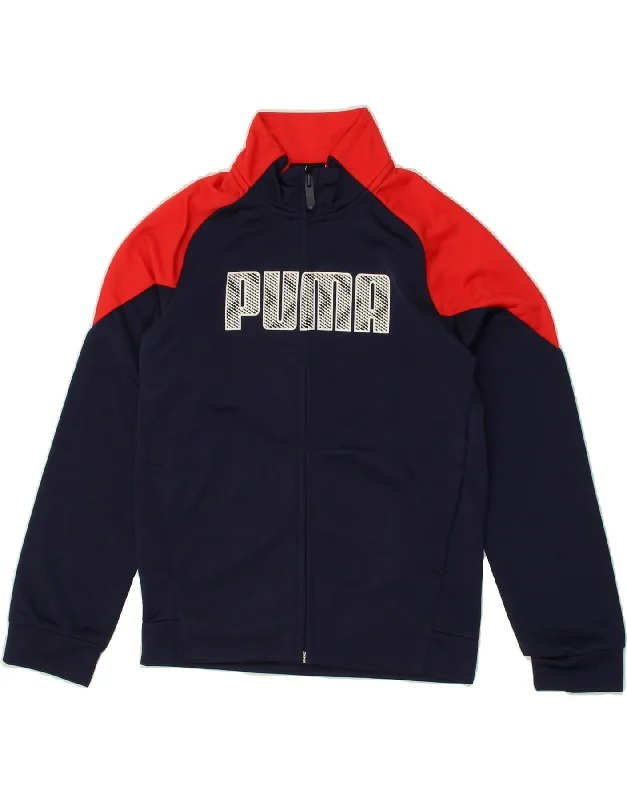 men's leather jackets -PUMA Boys Graphic Tracksuit Top Jacket 9-10 Years Navy Blue Colourblock