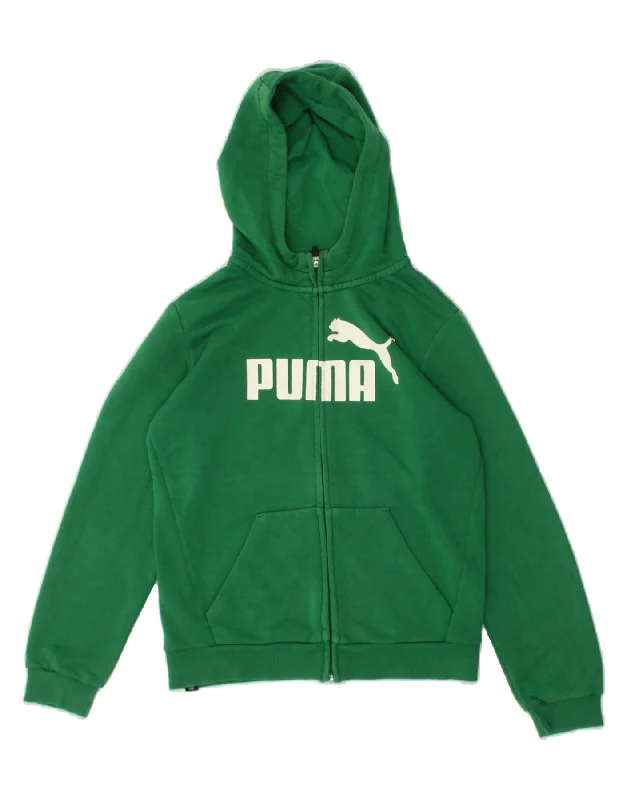 men's sweater for office -PUMA Boys Graphic Zip Hoodie Sweater 11-12 Years Green Elastane