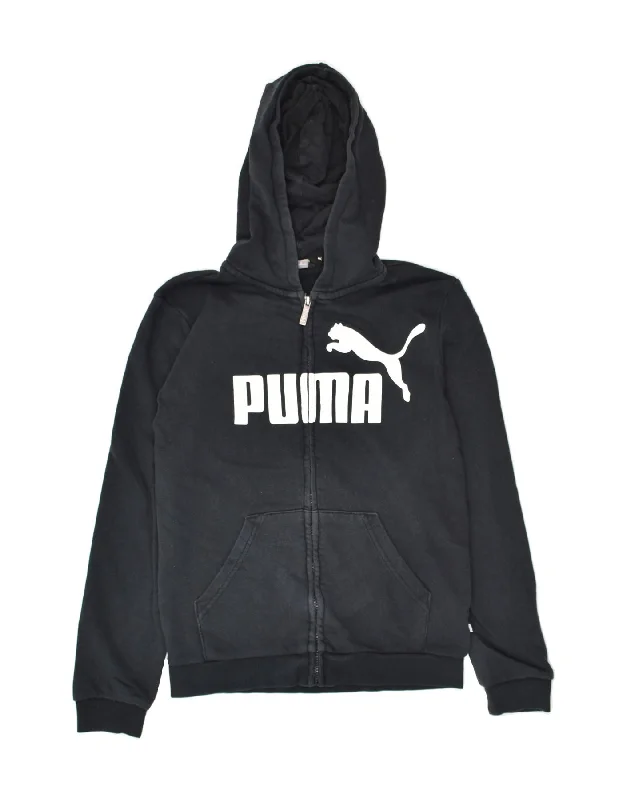 men's cardigan knitwear -PUMA Boys Graphic Zip Hoodie Sweater 13-14 Years Black Cotton