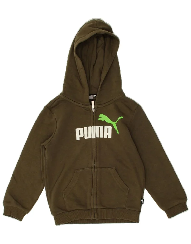 men's outdoor sweaters -PUMA Boys Graphic Zip Hoodie Sweater 5-6 Years Khaki Cotton