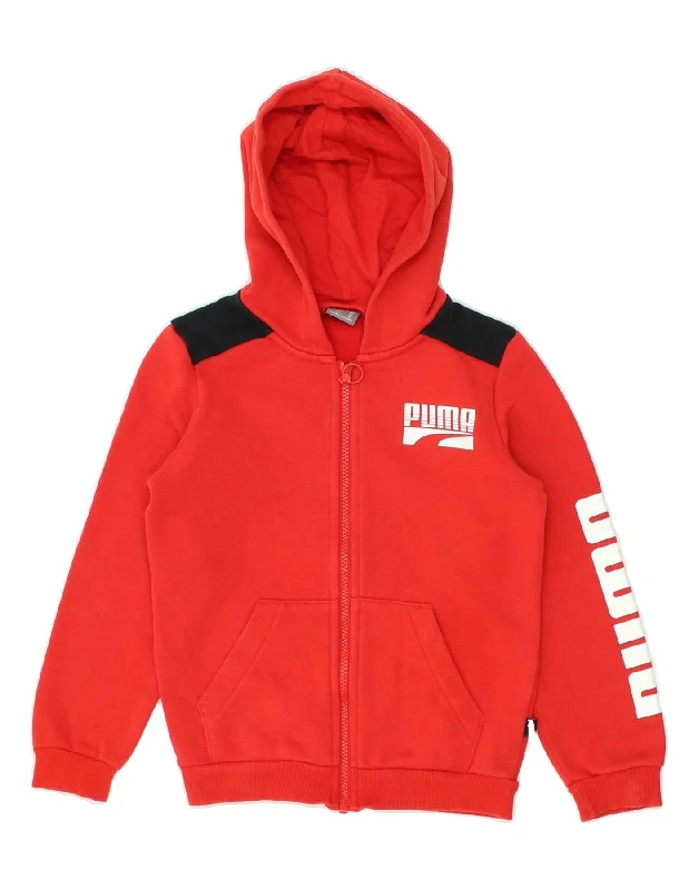 men's sweater for office -PUMA Boys Graphic Zip Hoodie Sweater 7-8 Years Red Colourblock Cotton