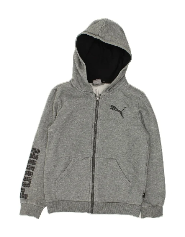 men's pullover sweaters -PUMA Boys Graphic Zip Hoodie Sweater 9-10 Years Grey Cotton