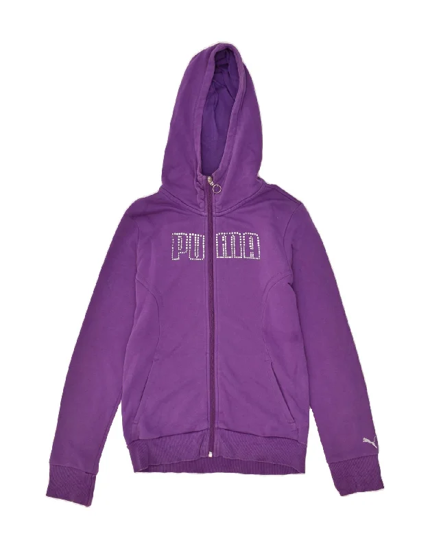 men's knitted pullover sweaters -PUMA Girls Graphic Zip Hoodie Sweater 11-12 Years Large Purple