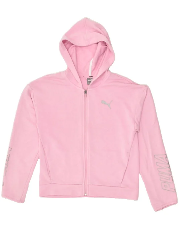 men's colorful sweaters -PUMA Girls Graphic Zip Hoodie Sweater 13-14 Years Pink Cotton