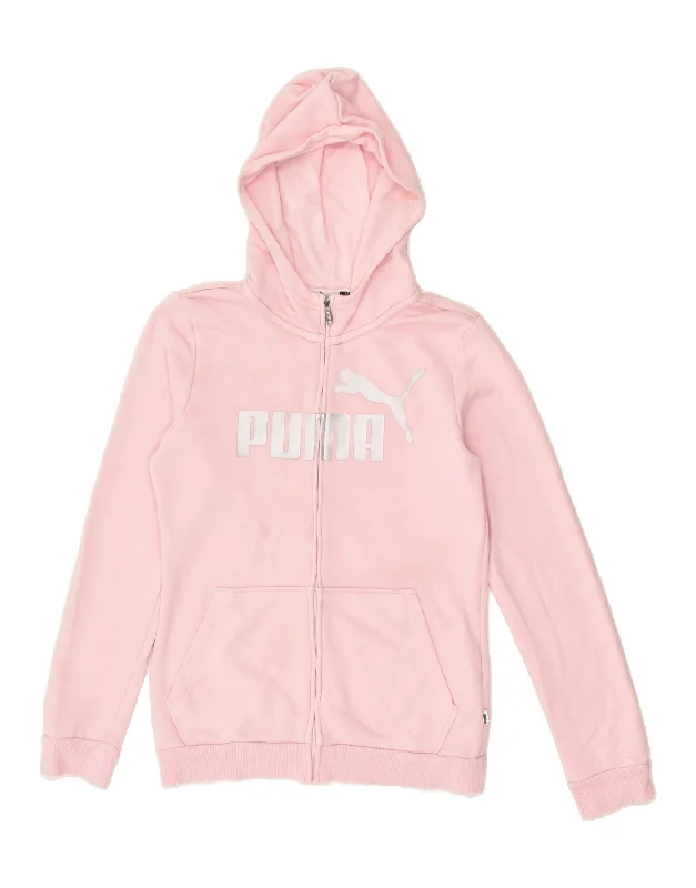 men's formal sweaters -PUMA Girls Graphic Zip Hoodie Sweater 13-14 Years Pink Cotton