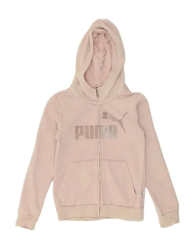 men's casual sweaters -PUMA Girls Graphic Zip Hoodie Sweater 8-9 Years Pink Polyester