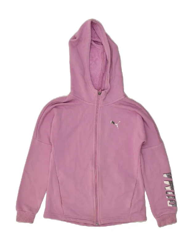 men's short-sleeve sweaters -PUMA Girls Graphic Zip Hoodie Sweater 9-10 Years Pink Cotton