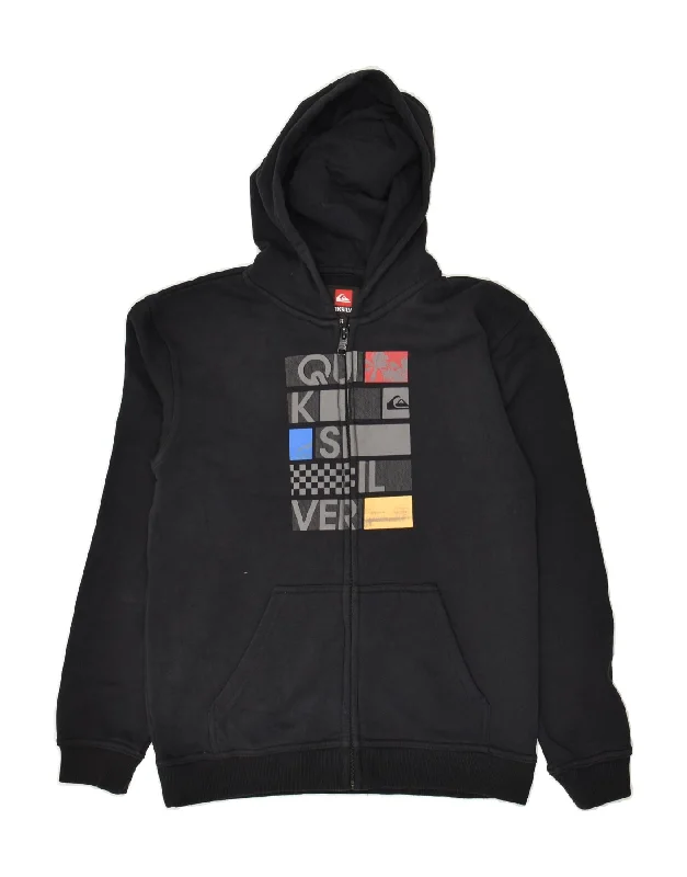 men's performance knit sweaters -QUIKSILVER Boys Graphic Zip Hoodie Sweater 13-14 Years Black Cotton