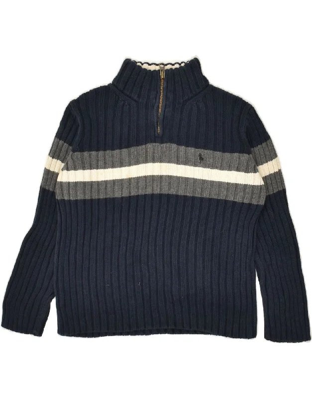 men's cozy knit sweaters -RALPH LAUREN Boys Zip Neck Jumper Sweater 6-7 Years Navy Blue Colourblock