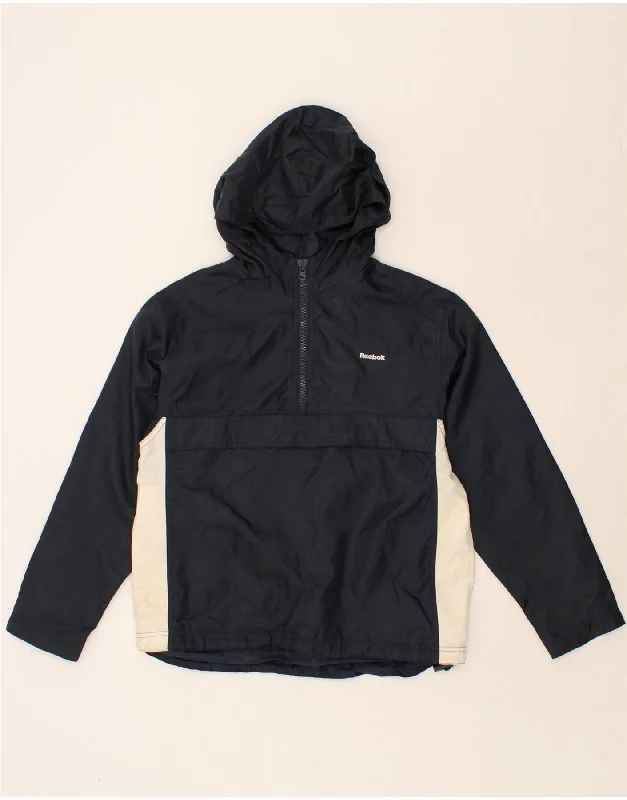 men's packable jackets -REEBOK Boys Hooded Anorak Jacket 9-10 Years Navy Blue Colourblock