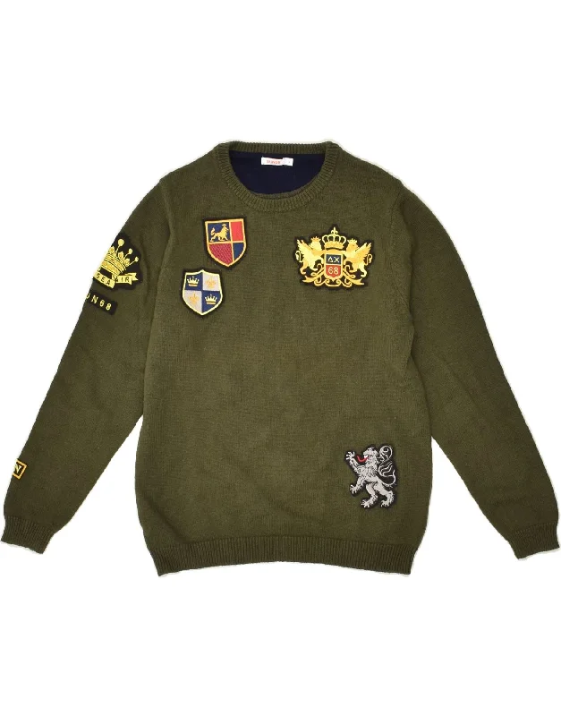 men's fitted sweaters -SUN68 Boys Graphic Crew Neck Jumper Sweater 7-8 Years Khaki Cotton