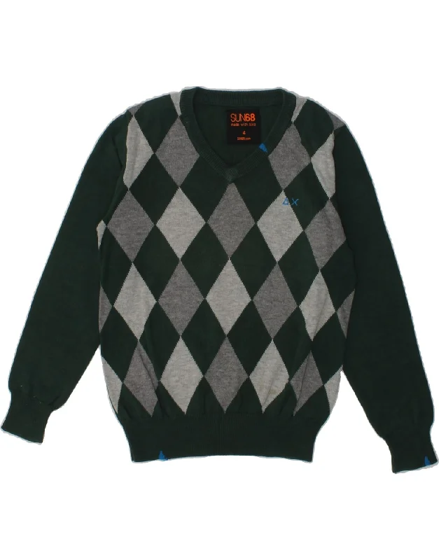 men's knit cardigans -SUN68 Boys V-Neck Jumper Sweater 3-4 Years Grey Argyle/Diamond Cotton