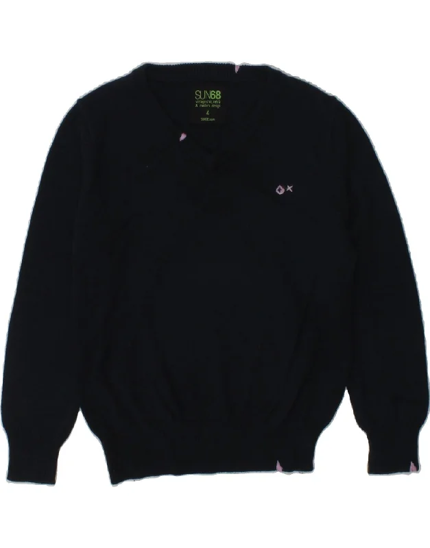 men's performance sweaters -SUN68 Girls V-Neck Jumper Sweater 3-4 Years Navy Blue Cotton