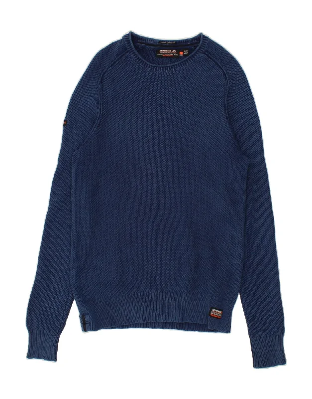 men's elegant wool sweaters -SUPERDRY Boys Boat Neck Jumper Sweater 14-15 Years XL Navy Blue Cotton