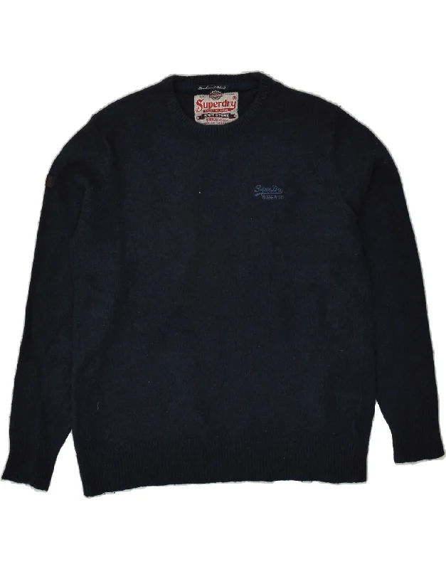 men's comfortable wool sweaters -SUPERDRY Boys Crew Neck Jumper Sweater 15-16 Years 2XL Navy Blue Lambswool