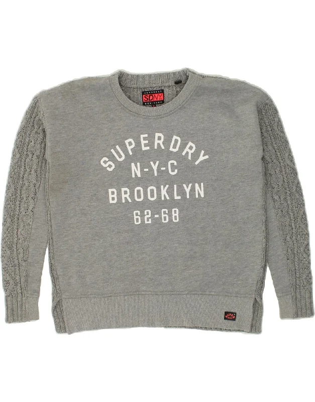 men's short-sleeve sweaters -SUPERDRY Girls Graphic Crew Neck Jumper Sweater 15-16 Years XS  Grey