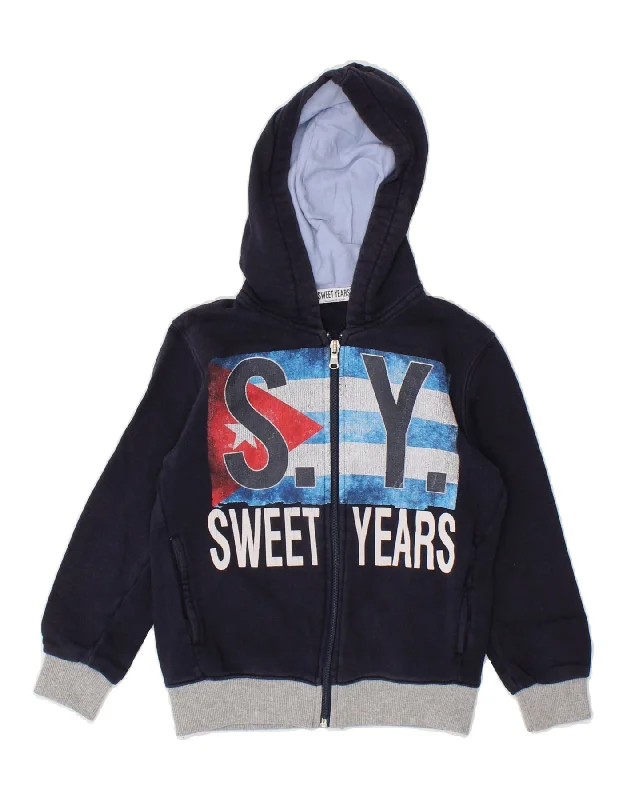 men's knitted pullover sweaters -SWEET YEARS Boys Graphic Zip Hoodie Sweater 4-5 Years Navy Blue Cotton