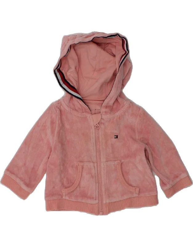 men's knitted sweaters -TOMMY HILFIGER Baby Girls Velour Zip Hoodie Sweater 0-3 Months Pink Cotton