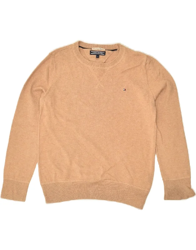 men's stylish turtleneck sweaters -TOMMY HILFIGER Boys Crew Neck Jumper Sweater 7-8 Years Brown Cotton