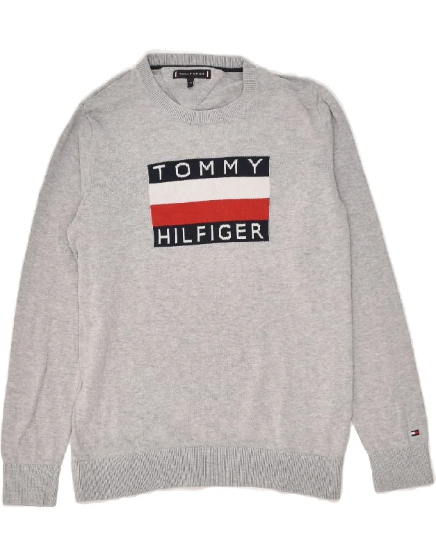 men's sweater for cold weather -TOMMY HILFIGER Boys Graphic Crew Neck Jumper Sweater 11-12 Years Grey