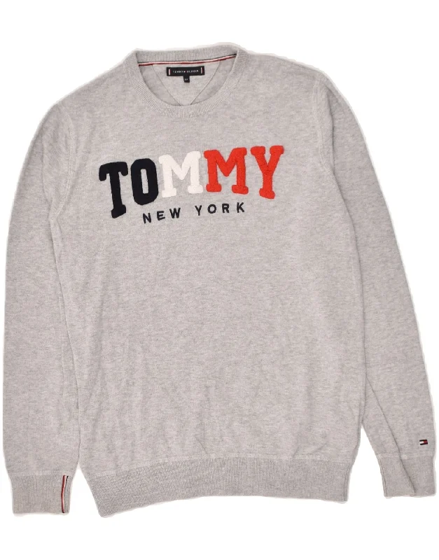 men's cozy knit sweaters -TOMMY HILFIGER Boys Graphic Crew Neck Jumper Sweater 13-14 Years Grey