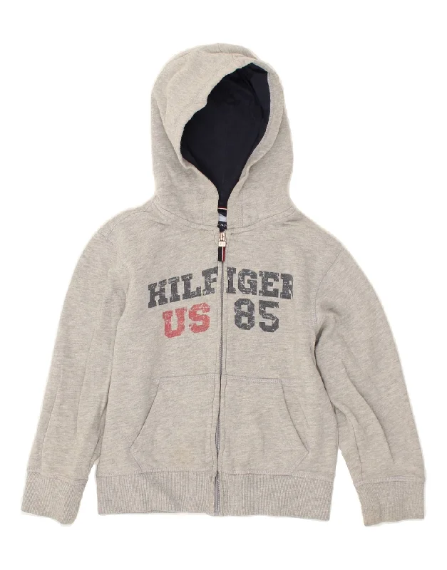 men's outdoor wool sweaters -TOMMY HILFIGER Boys Graphic Zip Hoodie Sweater 6-7 Years Grey Cotton