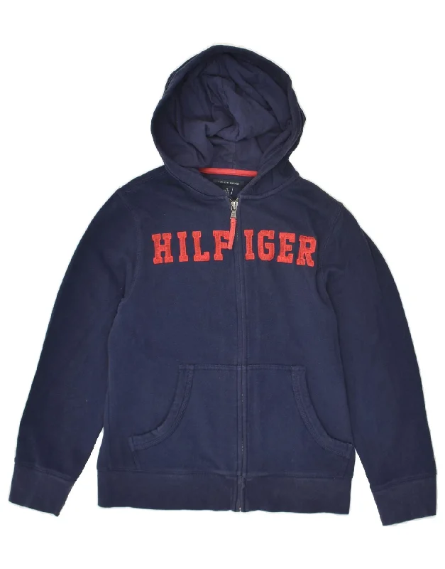 men's stylish sweaters -TOMMY HILFIGER Boys Graphic Zip Hoodie Sweater 8-9 Years Medium Navy Blue