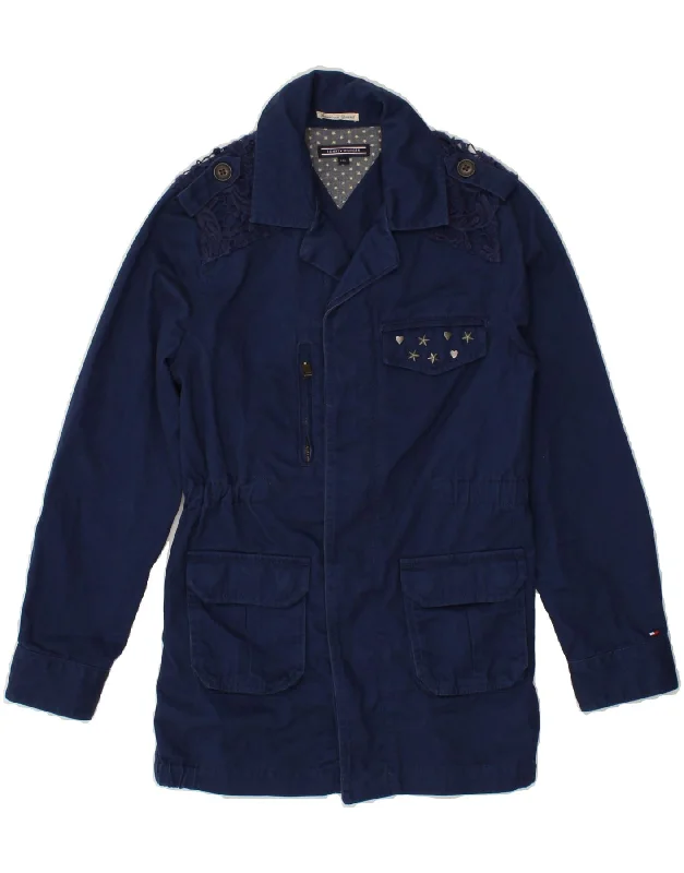 men's zip-up fleece jackets -TOMMY HILFIGER Boys Military Jacket 10-11 Years Navy Blue Floral Cotton