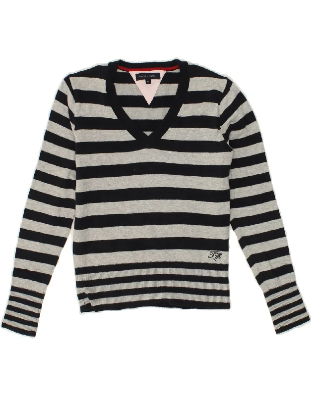 men's cardigan knitwear -TOMMY HILFIGER Boys V-Neck Jumper Sweater 11-12 Years Grey Striped Cotton