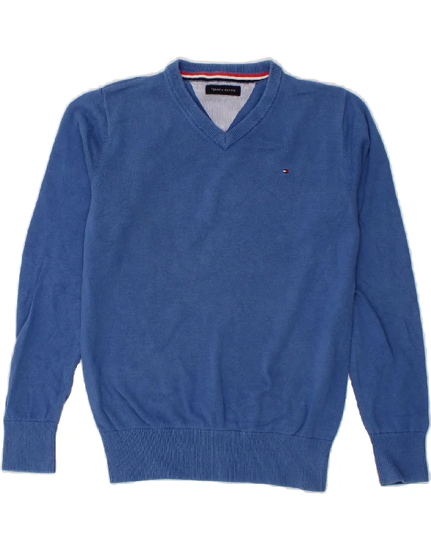 men's breathable wool sweaters -TOMMY HILFIGER Boys V-Neck Jumper Sweater 12-13 Years Blue Cotton