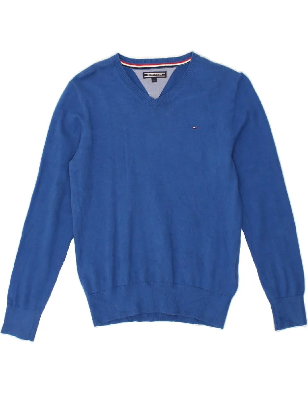 men's breathable wool sweaters -TOMMY HILFIGER Boys V-Neck Jumper Sweater 9-10 Years Blue Cotton