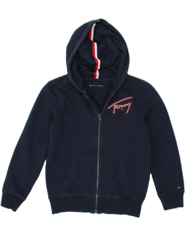 men's comfortable wool sweaters -TOMMY HILFIGER Boys Zip Hoodie Sweater 9-10 Years Navy Blue Cotton