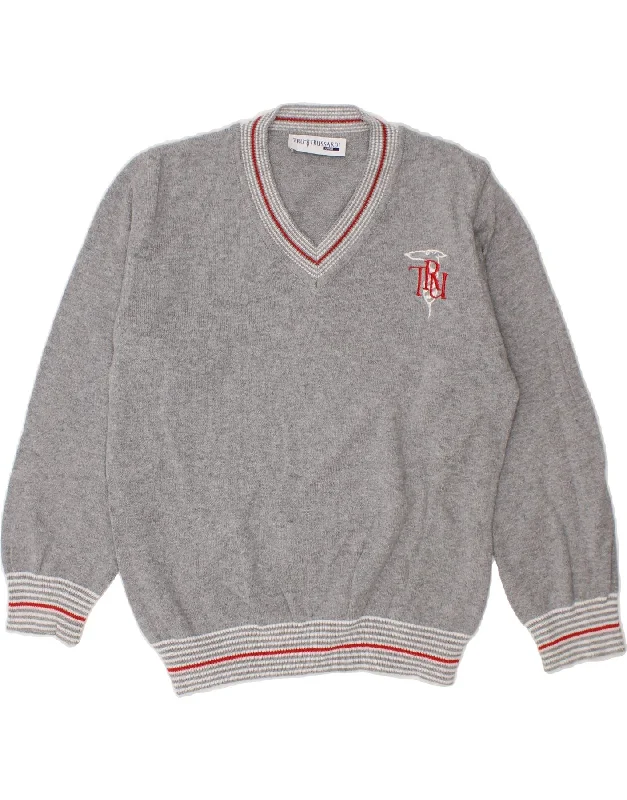 men's patterned sweaters -TRUSSARDI JUNIOR Boys V-Neck Jumper Sweater 4-5 Years Grey Cotton